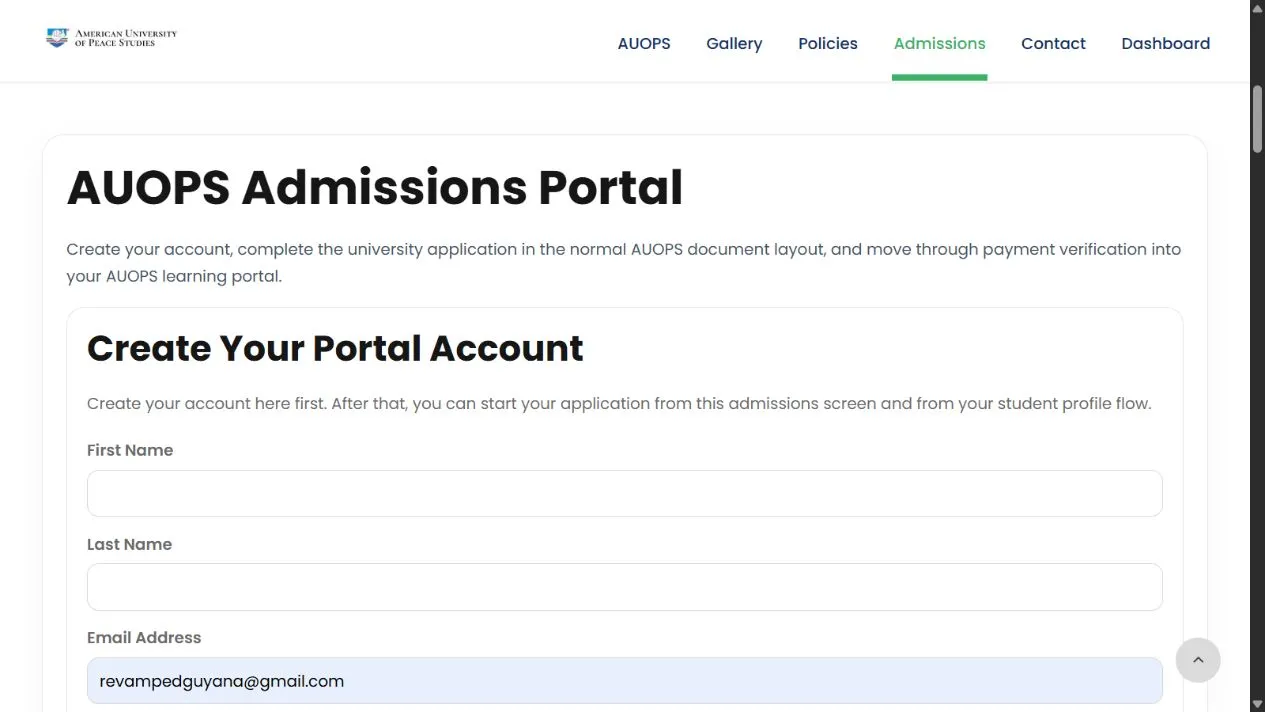 Auops admissions portal showing the public student account registration screen