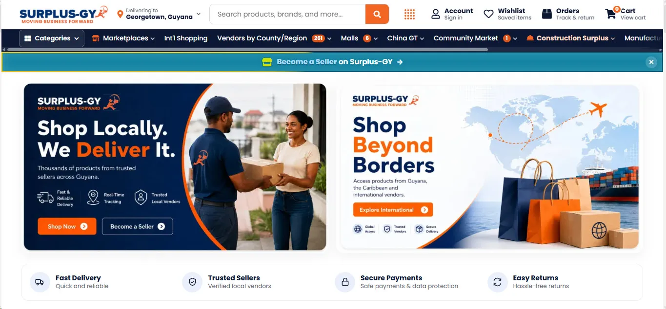 Surplus gy marketplace homepage with local shopping, international shopping and delivery services