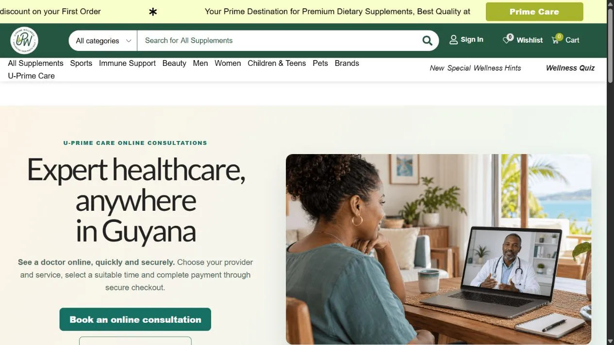 U-prime wellness online consultation website showing telemedicine booking in guyana